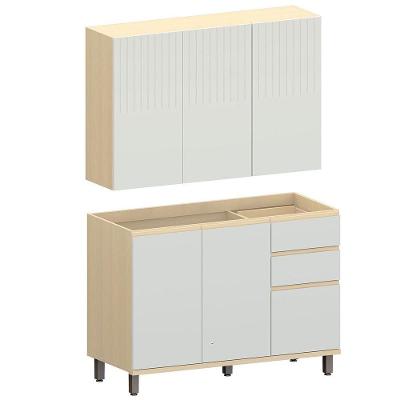 Kit Armário Aéreo 3 Portas E Balcão De Pia 120 Cm Aurora Cinza Cristal Pet/cinza Cristal