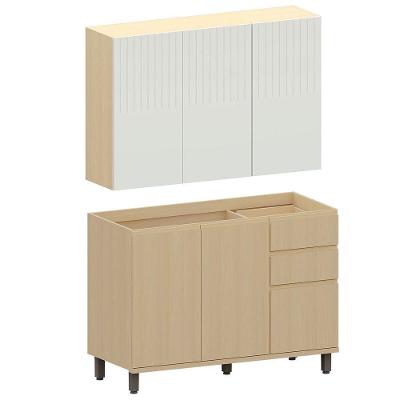 Kit Armário Aéreo 3 Portas E Balcão De Pia 120 Cm Aurora Cinza Cristal Pet/carvalho