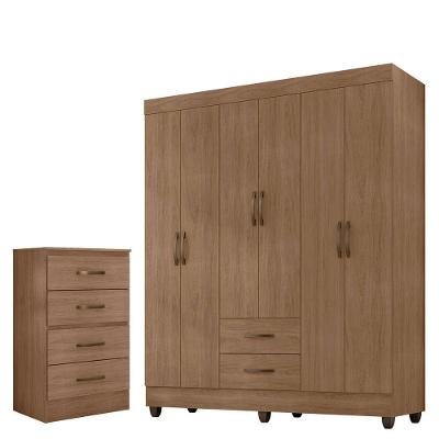 Kit Guarda Roupa Casal com Cômoda 6 Portas de Bater 4 Gavetas em MDP Texturizado Carvalho Oak
