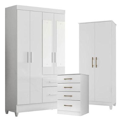 Guarda Roupa Infantil com Espelho Sobral com Cômoda MS913 e Armário Multiuso Jade MDP Branco Brilho