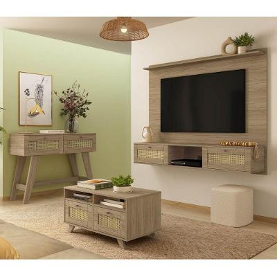 Conjunto Sala Painel P/ Tv Até 72", Aparador 2 Gavetas, Mesa De Centro Trama Carvalho - Artely