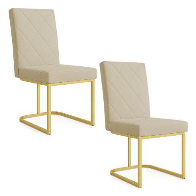 Kit 02 Cadeiras De Jantar Estofada Siena Linho Base De Ferro Dourada - Pallazio Cor Dourado