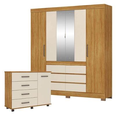 Guarda Roupa Casal com Cômoda Flora Cádis 4 Portas 6 Gavetas MDP Cinamon Touch Off White
