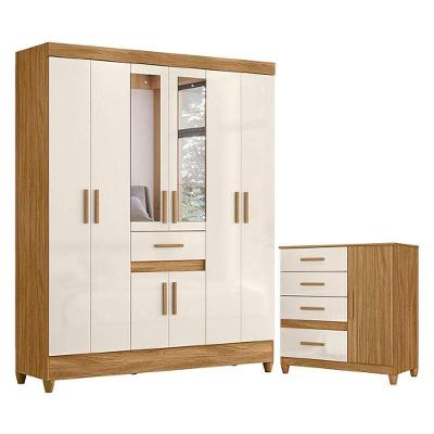 Guarda Roupa Casal Portugal com Espelho e Cômoda Vênus 08 Portas 05 Gavetas MDP Off White Moval