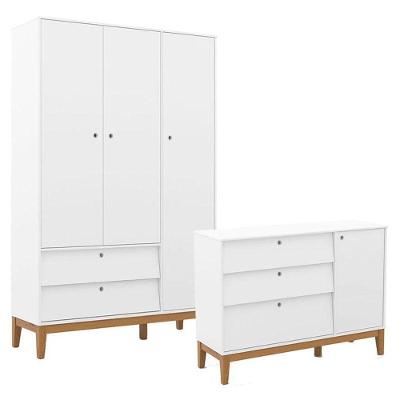 Cômoda Sapateira e Guarda Roupa Unique 3 Portas 2 Gavetas MDF Branco Eco Wood Infantil