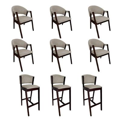 Kit 6 Cadeiras De Jantar Helen Com 3 Banquetas Ana Madeira Maciça Castanho Premium Linho Bege