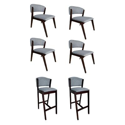 Kit 4 Cadeiras Kethellen Premium Com 2 Banquetas Ana Em Madeira Maciça Castanho Linho Cinza