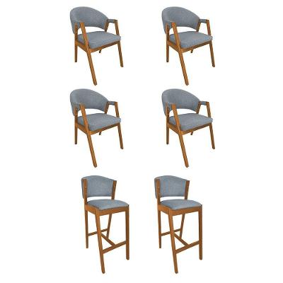 Kit 4 Cadeiras De Jantar Helen Madeira Maciça Com 2 Banquetas Ana Cerejeira Premium Linho Cinza