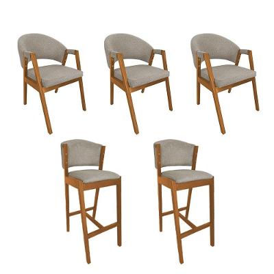 Kit 3 Cadeiras De Jantar Helen Madeira Maciça Com 2 Banquetas Ana Cerejeira Premium Linho Bege
