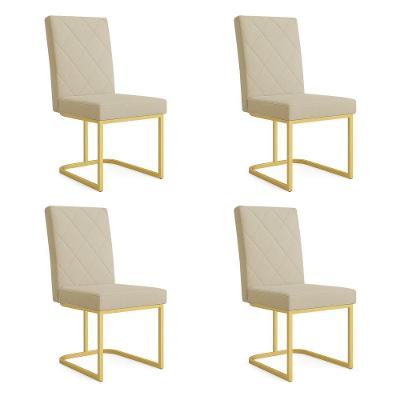 Kit 04 Cadeiras De Jantar Estofada Siena Linho Base De Ferro Dourada - Pallazio Cor Dourado