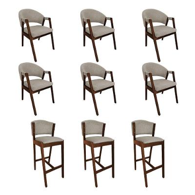 Kit 6 Cadeiras De Jantar Helen Com 3 Banquetas Ana Madeira Maciça Mel Premium Linho Bege