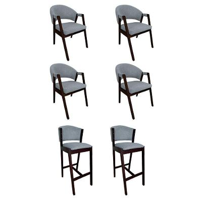 Kit 4 Cadeiras De Jantar Helen Com 2 Banquetas Ana Madeira Maciça Castanho Premium Linho Cinza