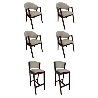 Kit 4 Cadeiras De Jantar Helen Com 2 Banquetas Ana Madeira Maciça Castanho Premium Linho Bege