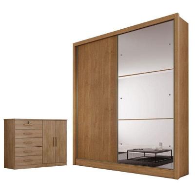 Guarda Roupa Solteiro Dante Seul 2 Portas de Bater 3 Gavetas em MDF com Espelho Cumaru 23