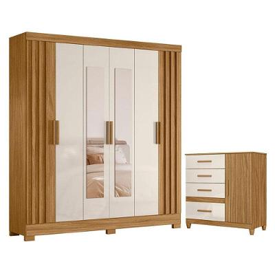 Guarda Roupa Casal com Espelho e Cômoda Valença Vênus 7 Portas 6 Gavetas MDP Freijó Off White Brilho