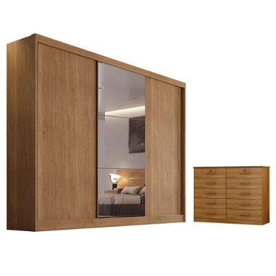 Kit Guarda Roupa Casal Sonetto 3 Portas 4 Gavetas Cumaru 23 Cômoda Milão