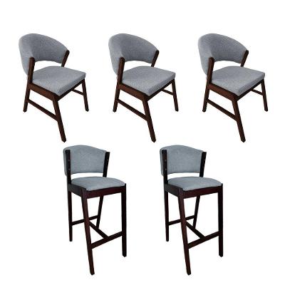 Kit 3 Cadeiras De Jantar Debora Com 2 Banquetas Ana Madeira Maciça Castanho Premium Linho Cinza