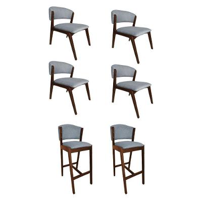 Kit Com 4 Cadeiras Kethellen Premium Com 2 Banquetas Ana Em Madeira Maciça Mel Linho Cinza
