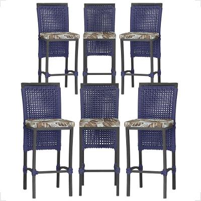 6 Banqueta Em Alumínio Roma Preta Corda Náutica Tecido 6 Azul