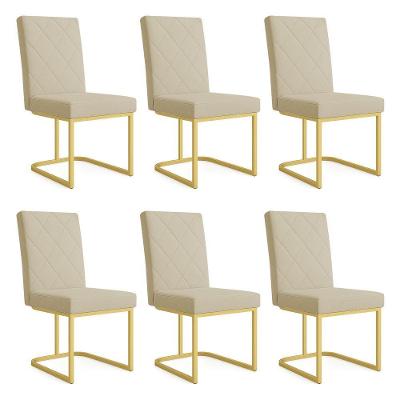 Kit 06 Cadeiras De Jantar Estofada Siena Linho Base De Ferro Dourada - Pallazio Cor Dourado