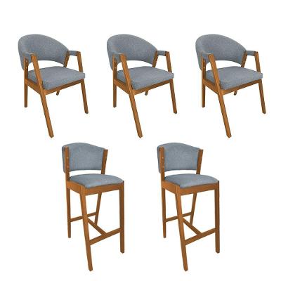Kit 3 Cadeiras De Jantar Helen Madeira Maciça Com 2 Banquetas Ana Cerejeira Premium Linho Cinza