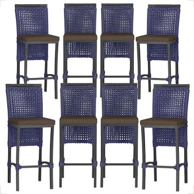 8 Banquetas Em Alumínio Roma Preta Corda Náutica Tecido 9 Azul