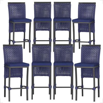 8 Banquetas Em Alumínio Roma Preta Corda Náutica Tecido 10 Azul