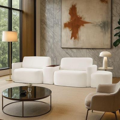 Sofá Sala Modulado 259cm Com Puff Console Usb Luminária Brumma Bouclê Off White K01 - D'rossi