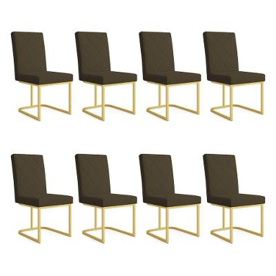 Kit 08 Cadeiras De Jantar Estofada Siena Linho Marrom Café Base De Ferro Dourada - Pallazio