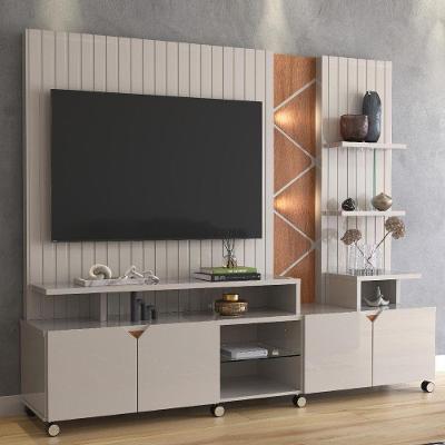 Estante Home Para Tv Até 55 Polegadas 4 Portas Prateleiras Luz Led E Rodízio Cross Off White/jequitibá - Lukaliam