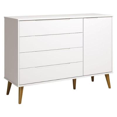 Cômoda com Porta Retrô Elfe 4 Gavetas MDF com Puxador Embutido Branco Acetinado Amadeirado