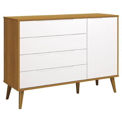 Cômoda com Porta Retrô Elfe 4 Gavetas MDF Puxador Embutido Branco Acetinado Savana Amadeirado