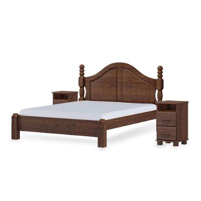 Conjunto Quarto: Cama Casal Clássica, 2 Mesas De Cabeceiras 2 Gavetas Café Ouro Madeira Pinus - Finestra