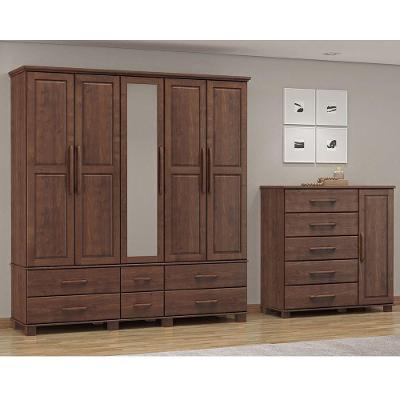 Conjunto Quarto Guarda Roupa 5 Portas e Cômoda Sapateira 5 Gavetas Madeira Pinus Ouro Café