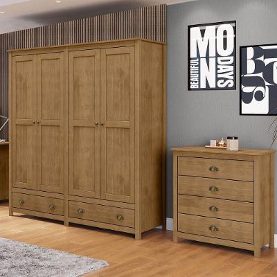 Conjunto Quarto Casal 9101-9105FN Guarda Roupa 4 Portas Cômoda 4 Gavetas Madeira Freijó