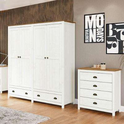 Conjunto Quarto Guarda Roupa 4 Portas Cômoda 4 Gavetas Madeira Branco-Freijó