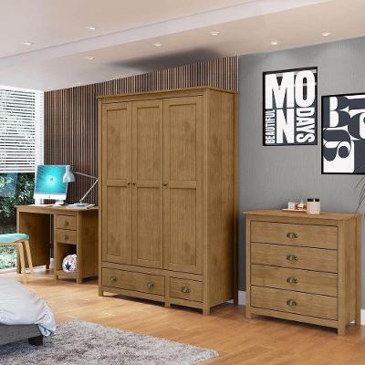Conjunto Quarto 9101-9138-9104FN com Guarda-Roupa 3 Portas e Cômoda 4 Gavetas em Madeira Maciça
