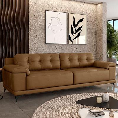 Sofá Living 4 Lugares 252cm Agostino Pés Design Em Ferro Couro Caramelo G52 - Gran Belo