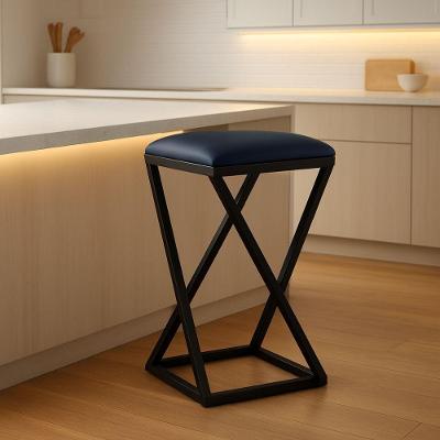 Banqueta Z 80 Cm Banco Cozinha Corino Bistrô Ferro Balcão Azul Marinho