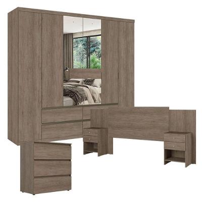 Guarda Roupa Casal Nobre 6 Portas Glass 4 Gavetas MDF e MDP 250cm Rustic com Cômoda e Cabeceira THB