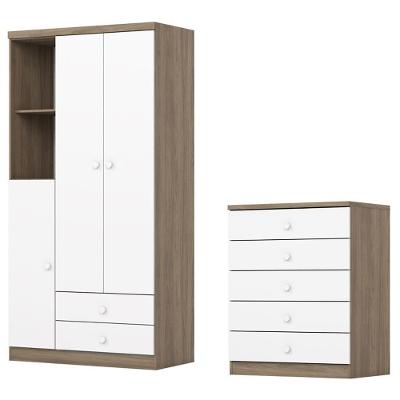 Guarda Roupa 3 Portas E Comoda 5 Gavetas Bala De Menta Rustico Branco Henn Rustico Branco