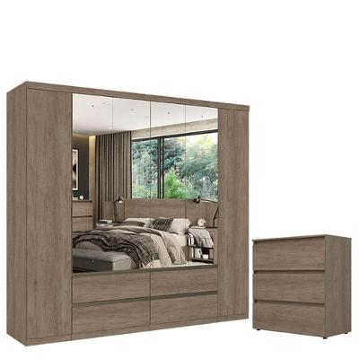 Guarda Roupa Casal Nobre Condessa 6 Portas de Bater com Espelho e Cômoda Gaveteiro 4 Gavetas Rustic