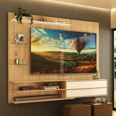 Painel Com Suporte Para Tv Até 65 Polegadas 1 Porta E Prateleiras Multimóveis MP1073 Rustic-branco