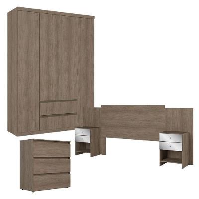 Guarda Roupa Solteiro Nobre 4 Portas de Bater 5 Gavetas em MDF com Cômoda Gaveteiro e Cabeceira