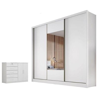 Guarda Roupa Casal Medelim com Cômoda Seul 3 Portas 6 Gavetas em MDF Neve