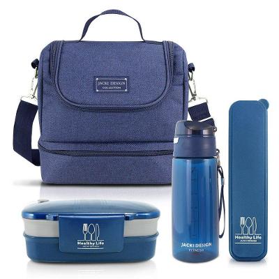 Kit Bolsa Térmica 2 Andares, Marmita, Porta Talheres E Garrafa 700ml Azul