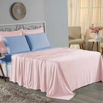 Jogo De Cama Queen Nobre 4 Peças Lençol Com Elástico De 30cm De Altura Malha 100% Algodão - Rosa / Azul-bebê