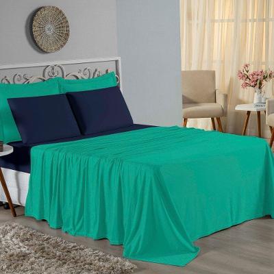 Jogo De Cama Queen Nobre 4 Peças Lençol Com Elástico De 30cm De Altura Malha 100% Algodão - Jade / Azul-marinho