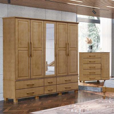 Conjunto Quarto Casal 2253 2251 FN com Guarda Roupa 5 Portas e Cômoda Sapateira 5 Gavetas em Madeira