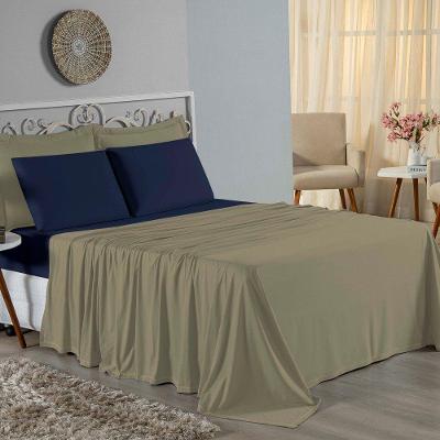 Jogo De Cama Solteiro Nobre 3 Peças Lençol Com Elástico De 30cm De Altura Malha 100% Algodão - Avelã / Azul-marinho